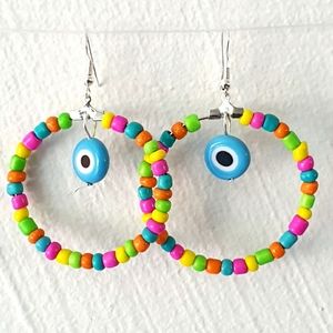 Evil Eye Multicolor Glass Seed Beads Hoop Earings